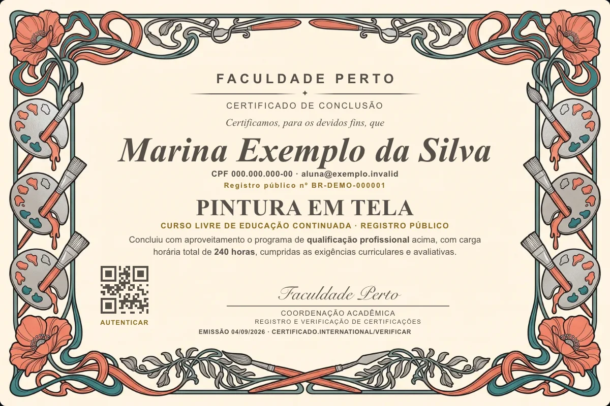 Modelo do certificado do curso de Pintura em Tela grátis: registro público, QR de verificação e assinaturas — exemplo com dados fictícios.