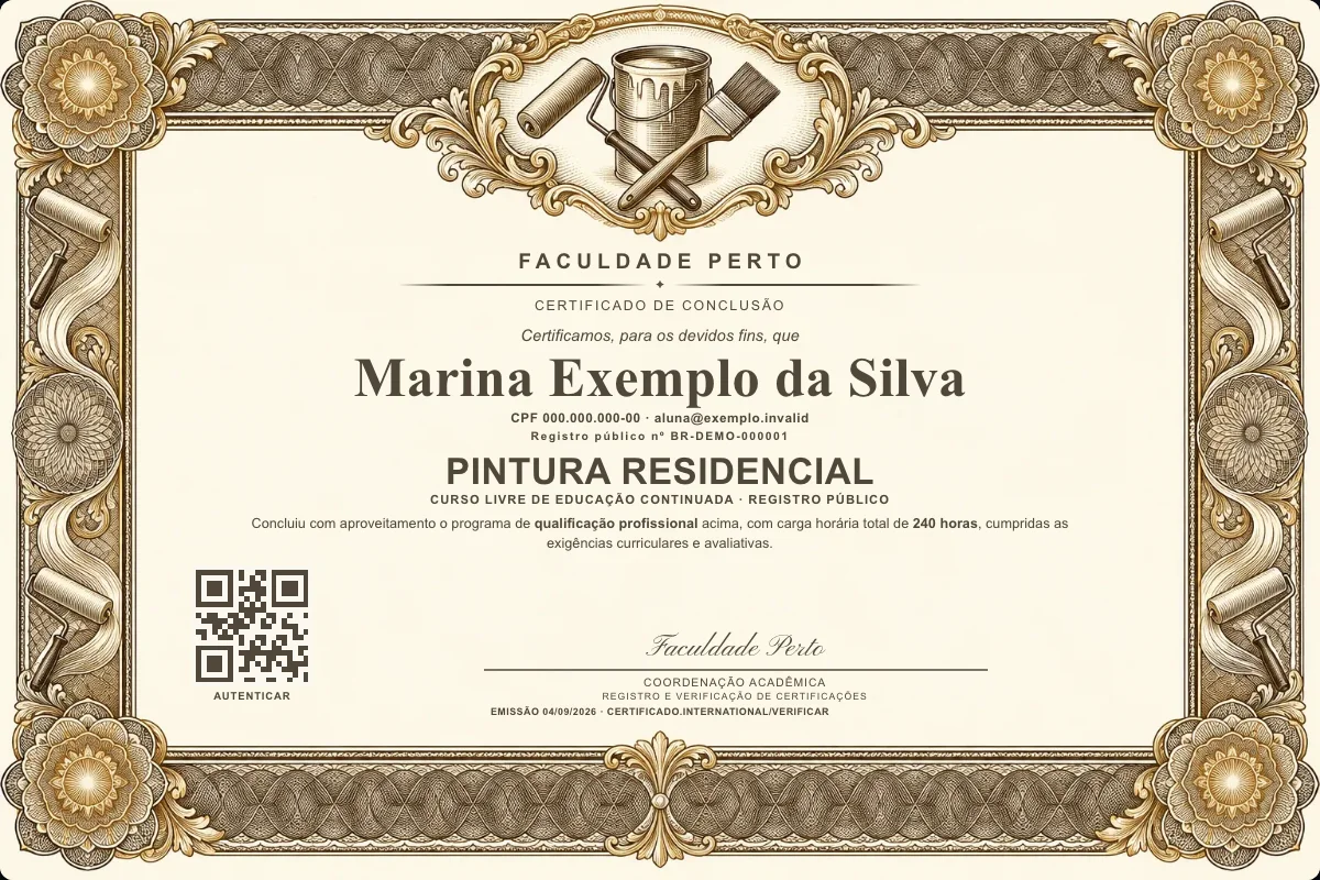 Modelo do certificado do curso de Pintura Residencial grátis: registro público, QR de verificação e assinaturas — exemplo com dados fictícios.