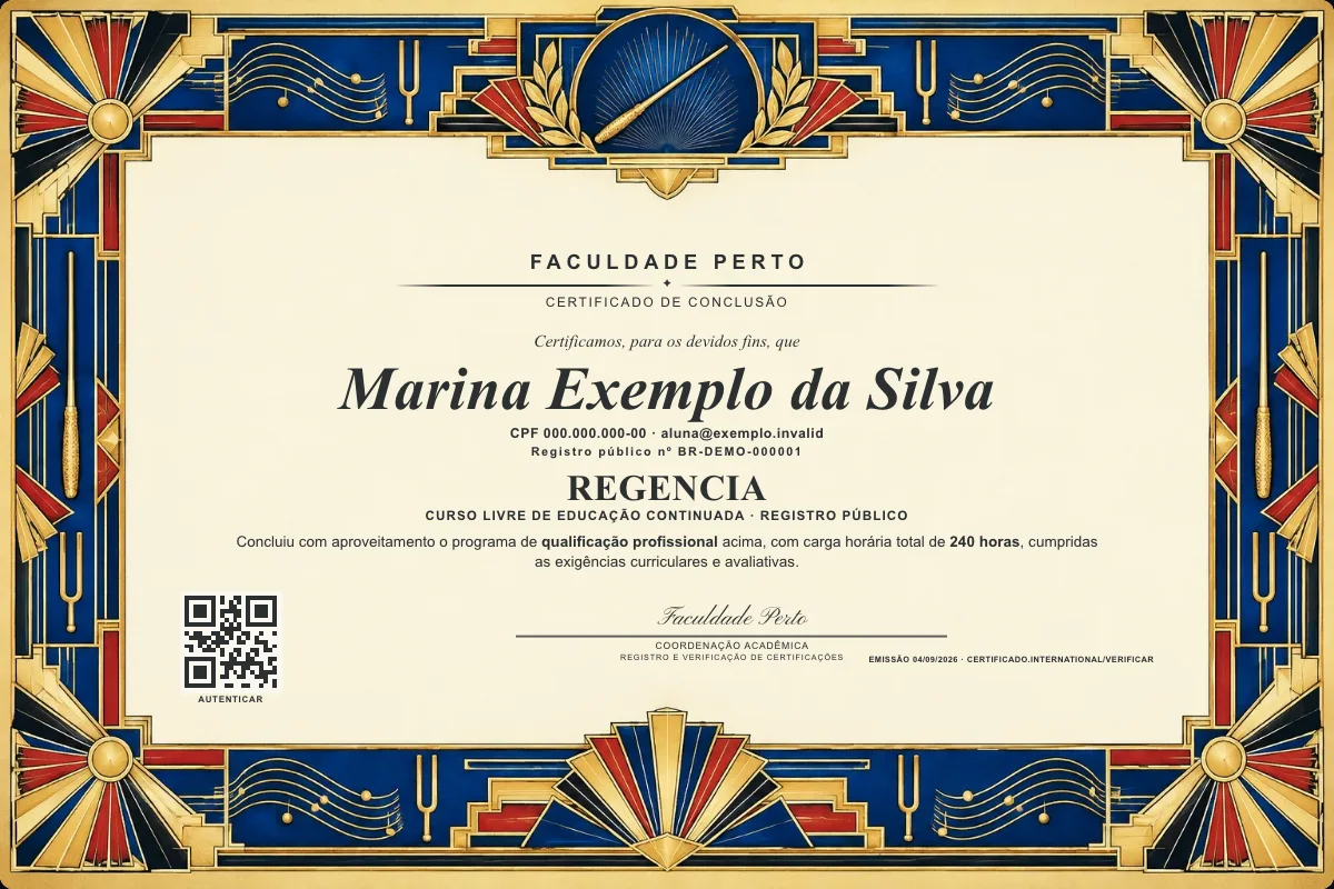 Modelo do certificado do curso de Regencia grátis: registro público, QR de verificação e assinaturas — exemplo com dados fictícios.