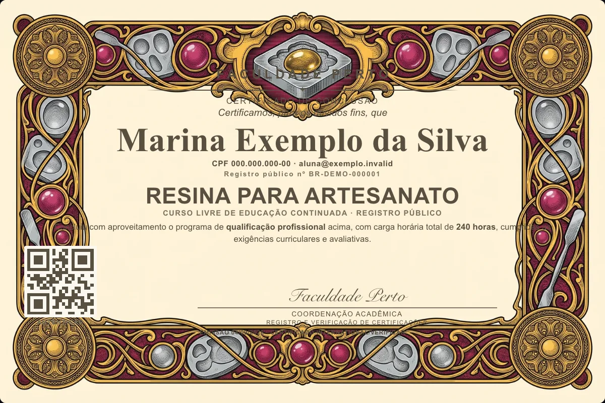 Modelo do certificado do curso de Resina para Artesanato grátis: registro público, QR de verificação e assinaturas — exemplo com dados fictícios.