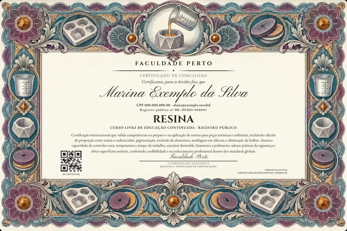 Modelo do certificado do curso de Resina grátis: registro público, QR de verificação e assinaturas — exemplo com dados fictícios.
