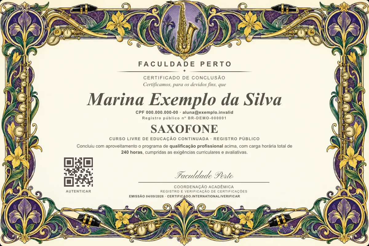 Modelo do certificado do curso de Saxofone grátis: registro público, QR de verificação e assinaturas — exemplo com dados fictícios.