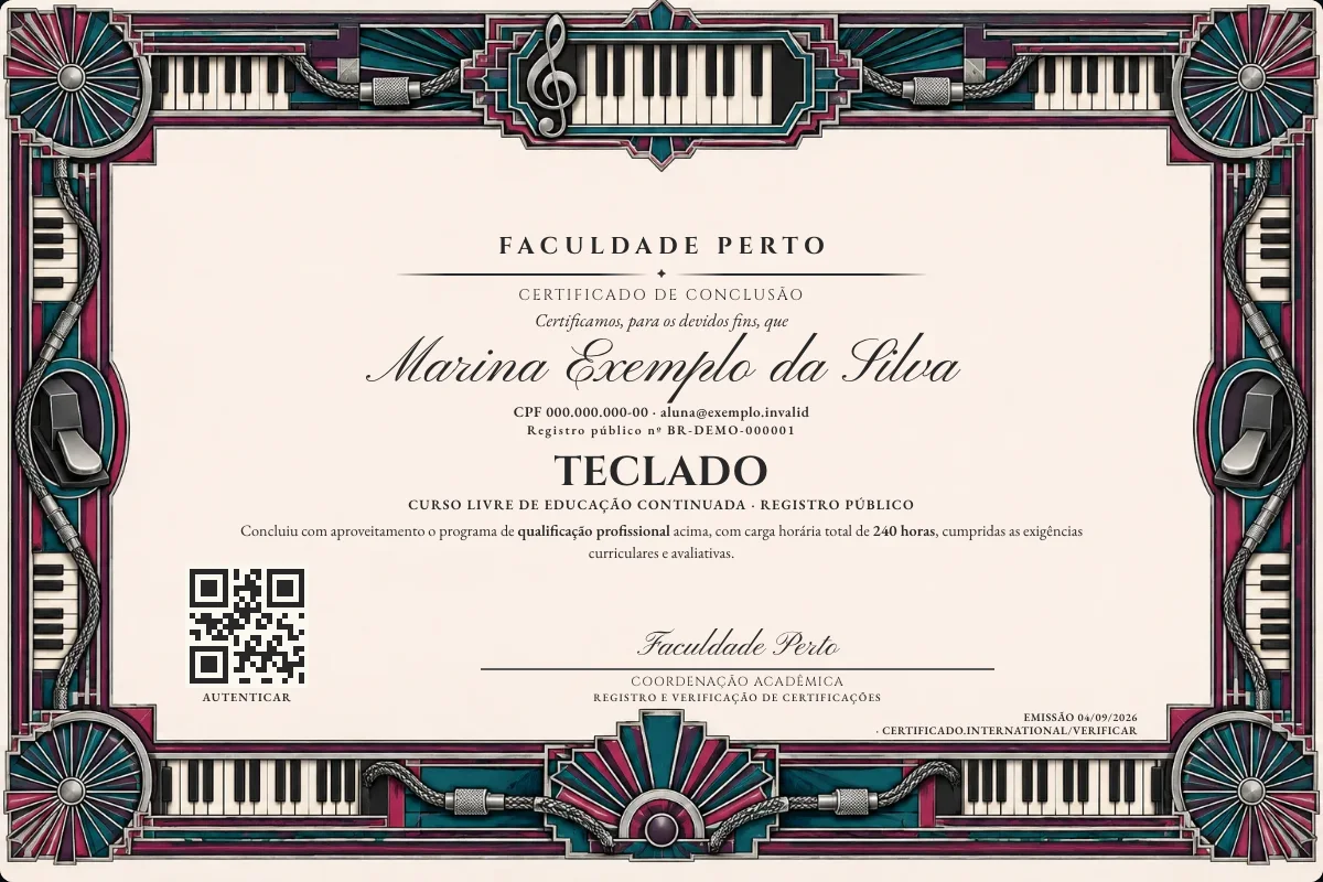 Modelo do certificado do curso de Teclado grátis: registro público, QR de verificação e assinaturas — exemplo com dados fictícios.