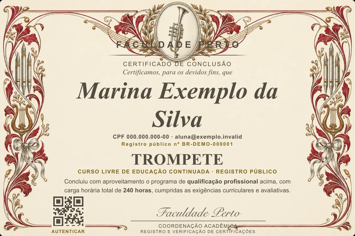 Modelo do certificado do curso de Trompete grátis: registro público, QR de verificação e assinaturas — exemplo com dados fictícios.