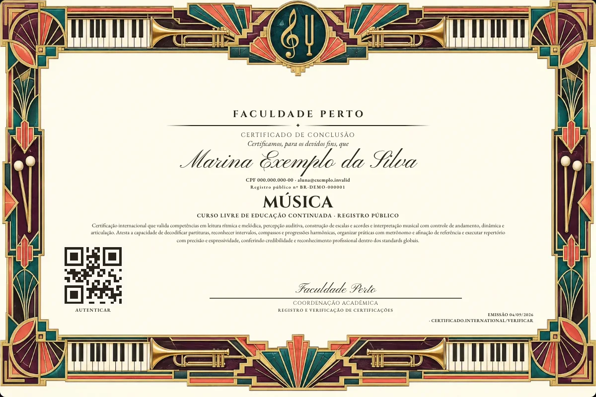 Modelo do certificado do curso de Música grátis: registro público, QR de verificação e assinaturas — exemplo com dados fictícios.