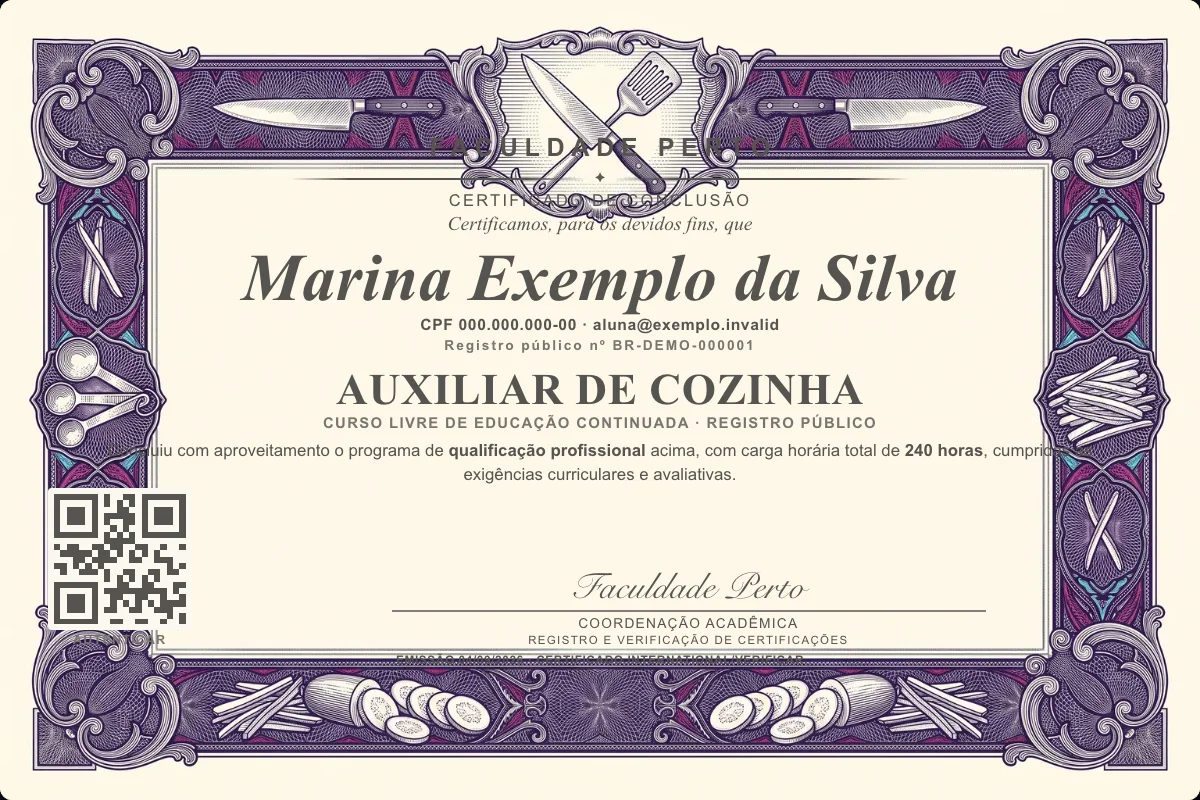 Certificado do curso de Auxiliar de Cozinha
