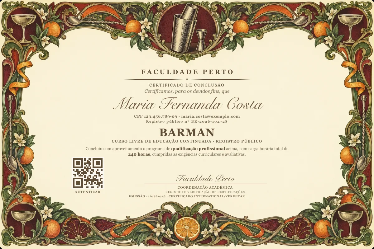 Modelo do certificado do curso de Barman grátis: registro público, QR de verificação e assinaturas — exemplo com dados fictícios.
