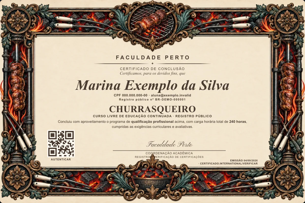 Modelo do certificado do curso de Churrasqueiro grátis: registro público, QR de verificação e assinaturas — exemplo com dados fictícios.