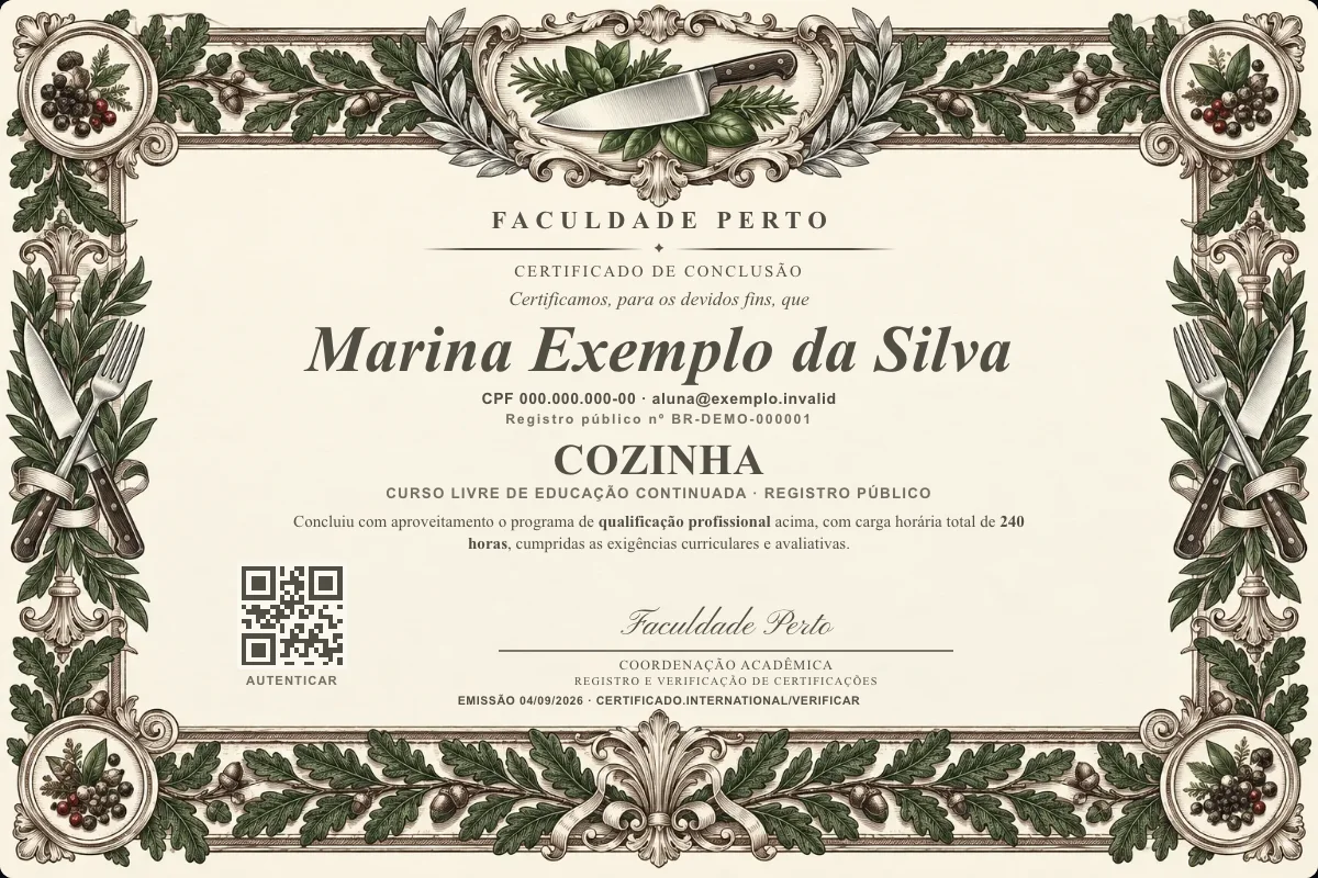 Modelo do certificado do curso de Cozinha grátis: registro público, QR de verificação e assinaturas — exemplo com dados fictícios.