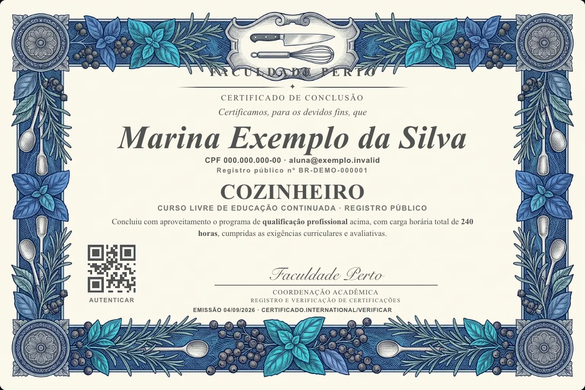 Modelo do certificado do curso de Cozinheiro grátis: registro público, QR de verificação e assinaturas — exemplo com dados fictícios.
