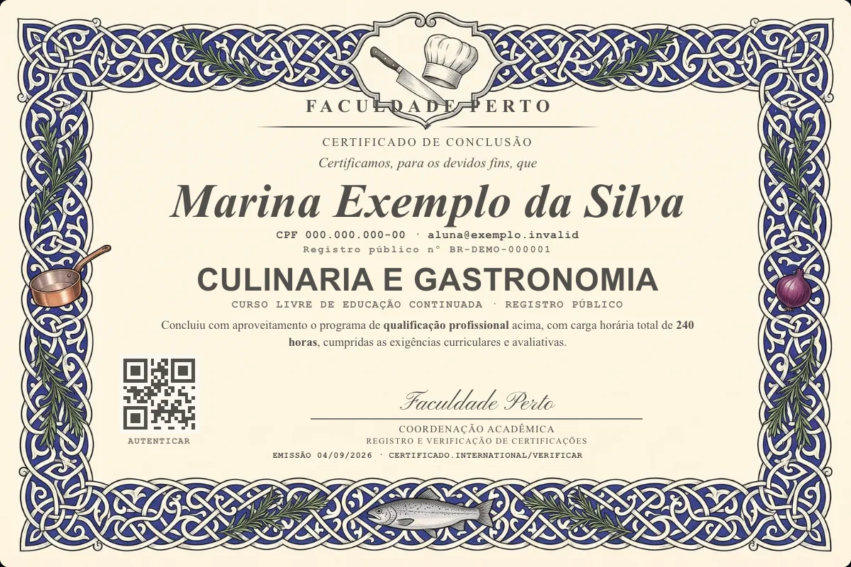 Modelo do certificado do curso de Culinaria e Gastronomia grátis: registro público, QR de verificação e assinaturas — exemplo com dados fictícios.