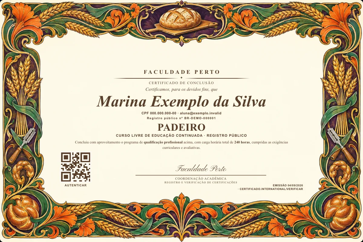 Modelo do certificado do curso de Padeiro grátis: registro público, QR de verificação e assinaturas — exemplo com dados fictícios.