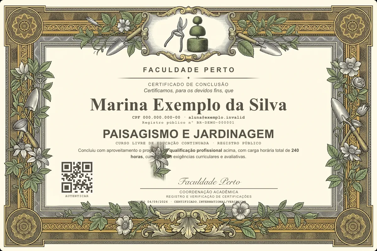 Modelo do certificado do curso de Paisagismo e Jardinagem grátis: registro público, QR de verificação e assinaturas — exemplo com dados fictícios.