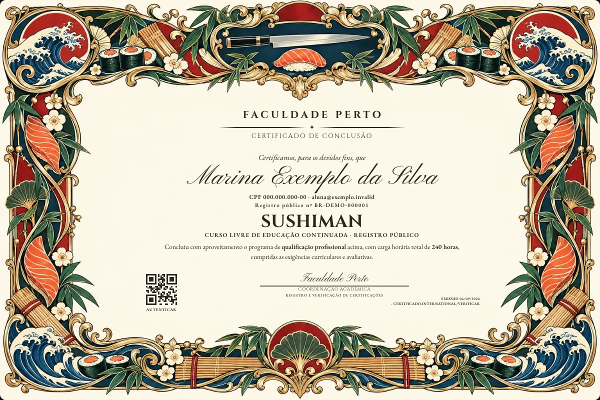 Modelo do certificado do curso de Sushiman grátis: registro público, QR de verificação e assinaturas — exemplo com dados fictícios.