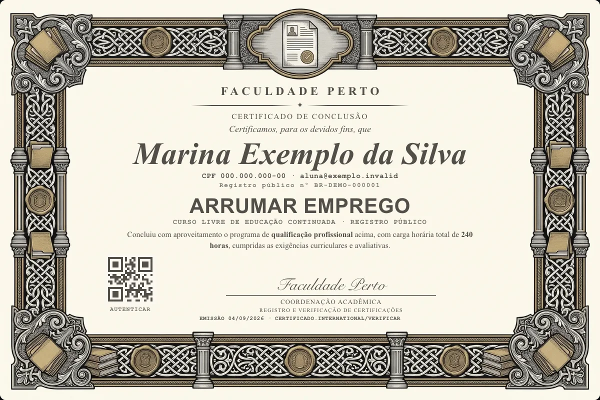 Modelo do certificado do curso de Arrumar Emprego grátis: registro público, QR de verificação e assinaturas — exemplo com dados fictícios.