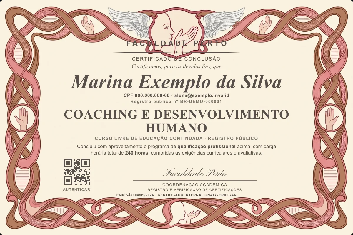 Modelo do certificado do curso de Coaching e Desenvolvimento Humano grátis: registro público, QR de verificação e assinaturas — exemplo com dados fictícios.