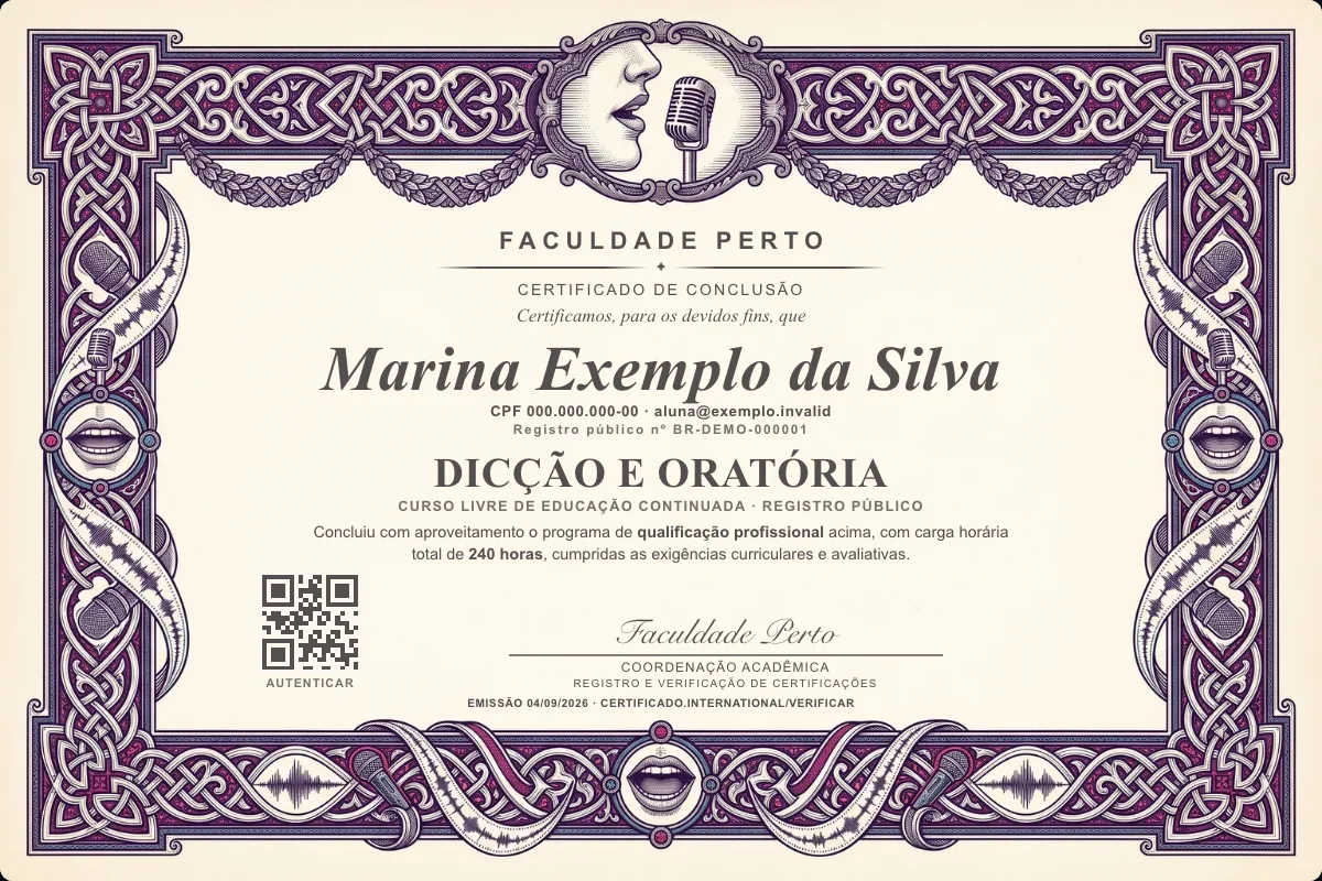 Certificado do curso de Dicção e Oratória