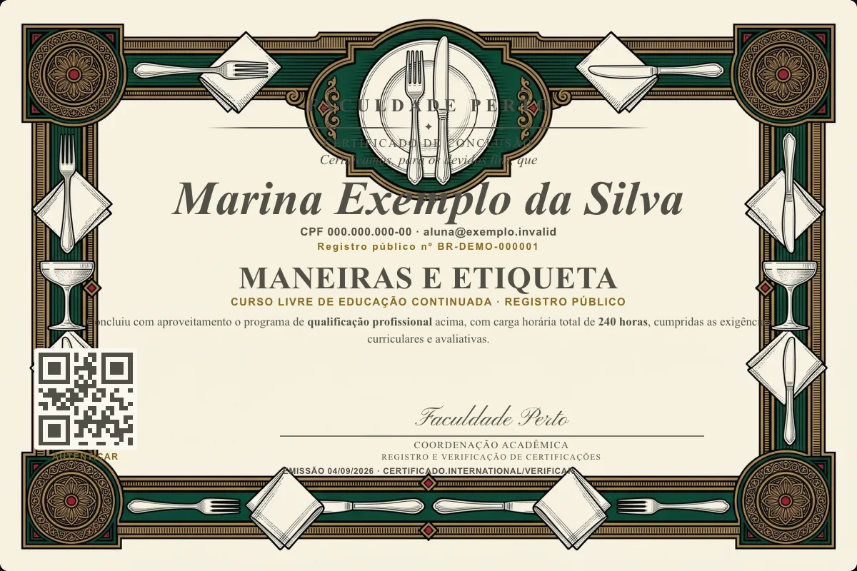 Modelo do certificado do curso de Maneiras e Etiqueta grátis: registro público, QR de verificação e assinaturas — exemplo com dados fictícios.