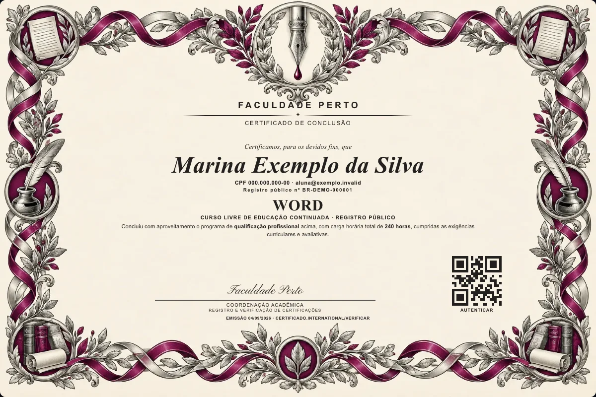 Modelo do certificado do curso de Word grátis: registro público, QR de verificação e assinaturas — exemplo com dados fictícios.