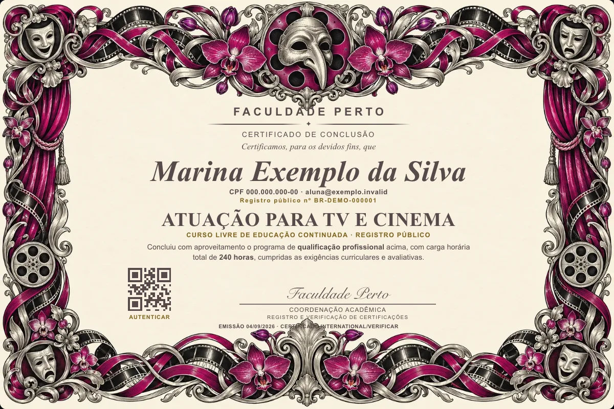 Certificado do curso de Atuação para Tv e Cinema