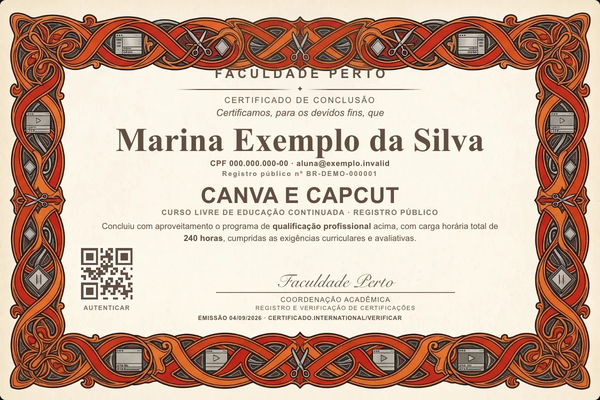 Modelo do certificado do curso de Canva e Capcut grátis: registro público, QR de verificação e assinaturas — exemplo com dados fictícios.