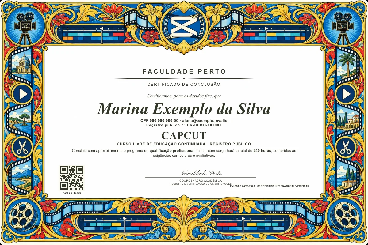 Modelo do certificado do curso de Capcut grátis: registro público, QR de verificação e assinaturas — exemplo com dados fictícios.