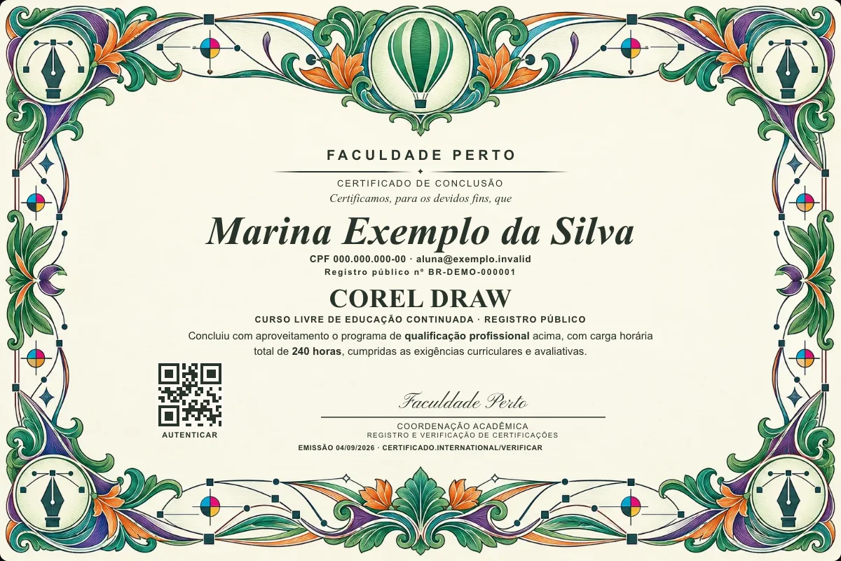 Modelo do certificado do curso de Corel Draw grátis: registro público, QR de verificação e assinaturas — exemplo com dados fictícios.