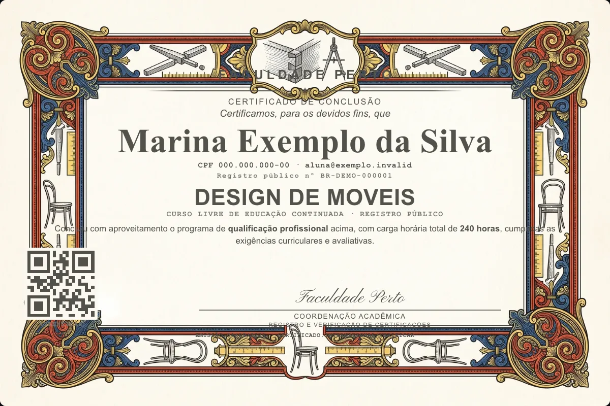 Modelo do certificado do curso de Design de Moveis grátis: registro público, QR de verificação e assinaturas — exemplo com dados fictícios.
