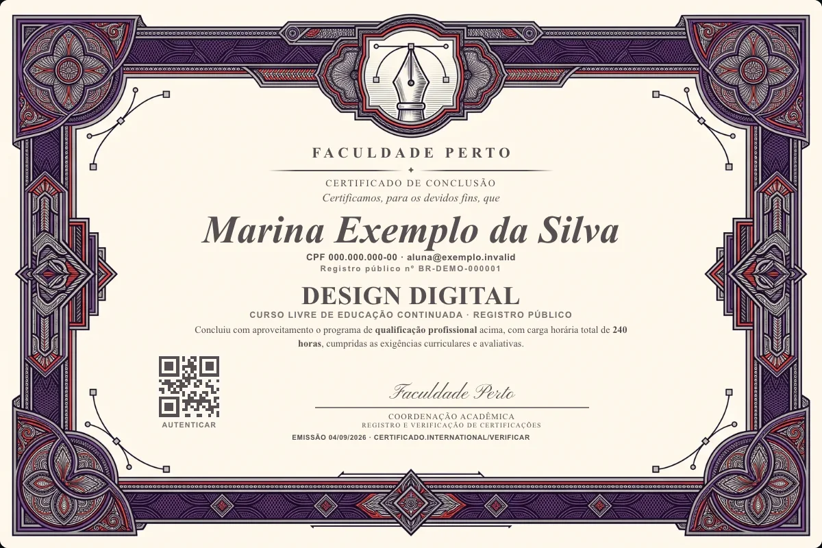Modelo do certificado do curso de Design Digital grátis: registro público, QR de verificação e assinaturas — exemplo com dados fictícios.