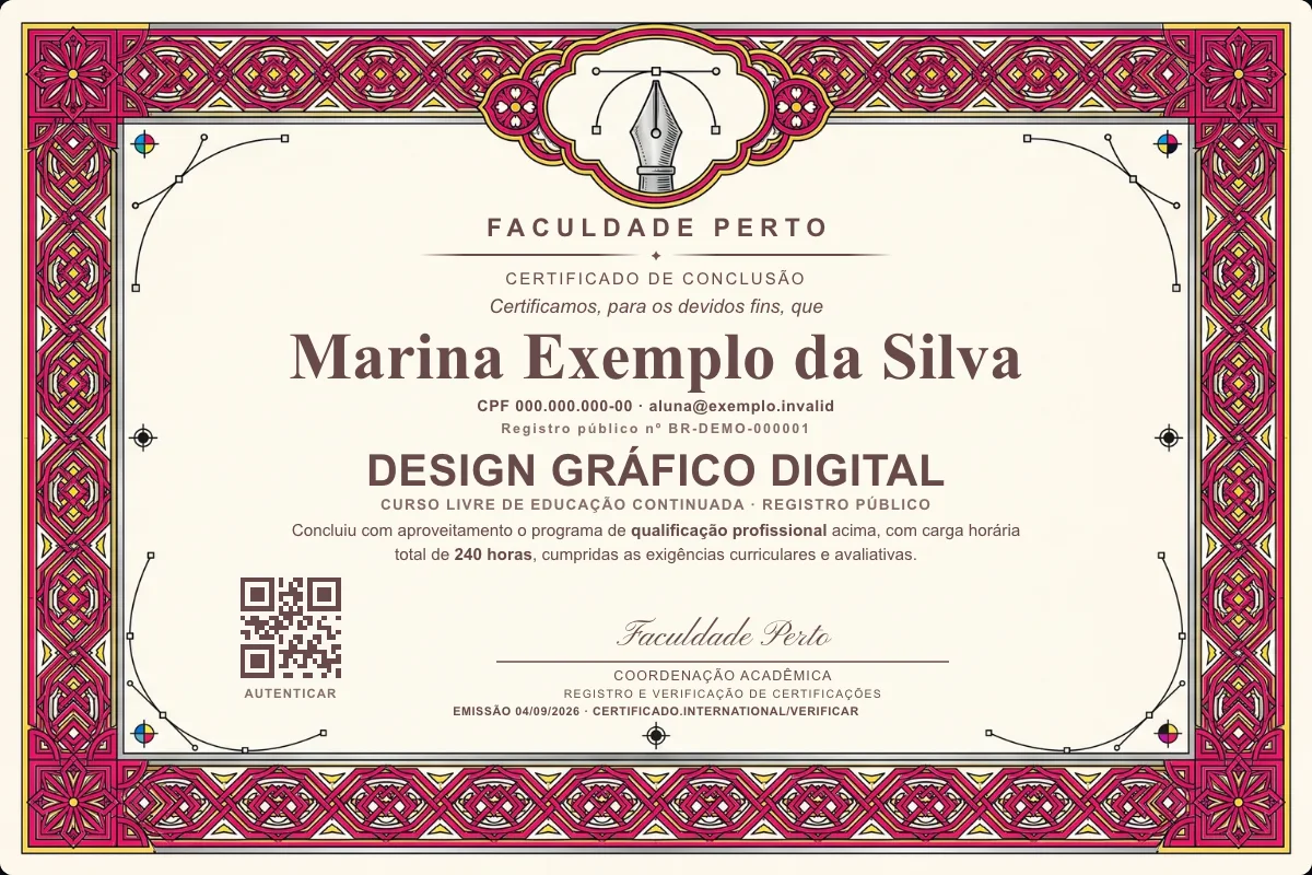 Modelo do certificado do curso de Design Gráfico Digital grátis: registro público, QR de verificação e assinaturas — exemplo com dados fictícios.