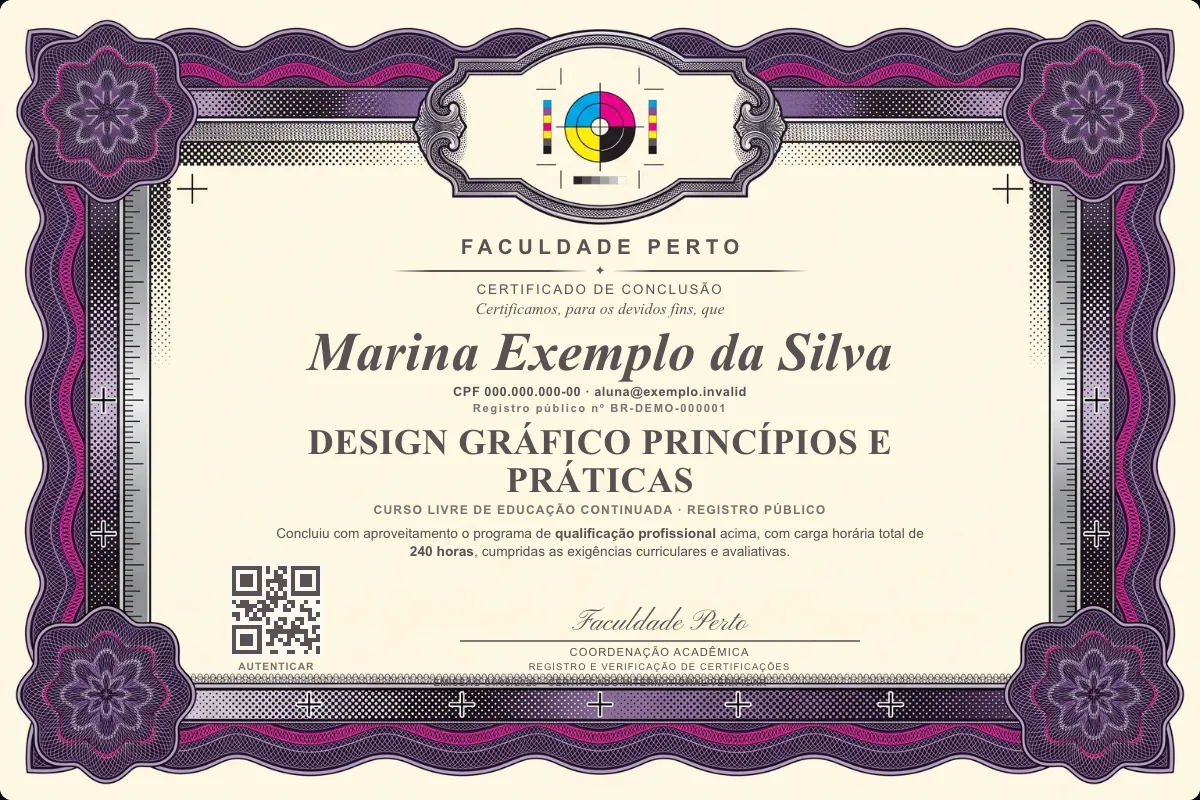 Modelo do certificado do curso de Design Gráfico Princípios e Práticas grátis: registro público, QR de verificação e assinaturas — exemplo com dados fictícios.
