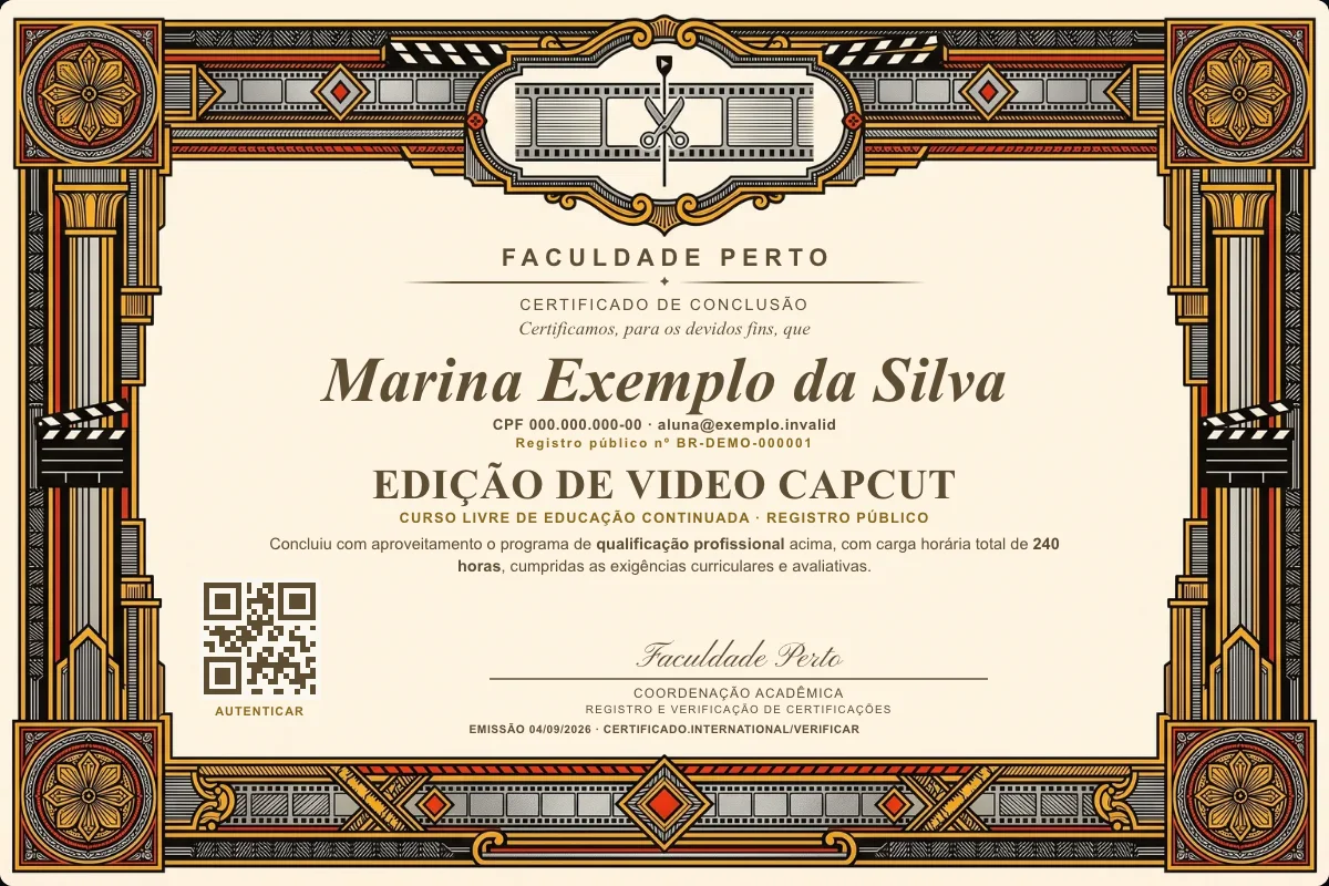 Modelo do certificado do curso de Edição de Video Capcut grátis: registro público, QR de verificação e assinaturas — exemplo com dados fictícios.