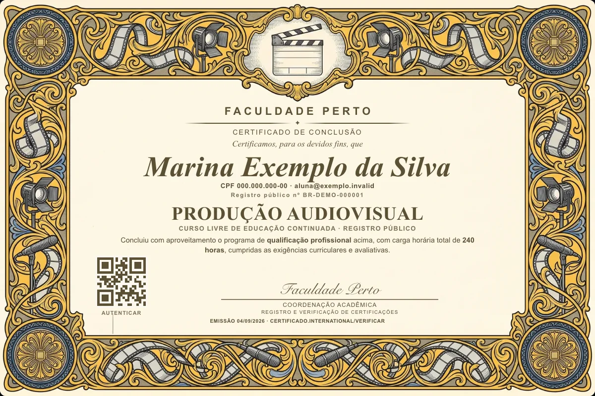 Modelo do certificado do curso de Produção Audiovisual grátis: registro público, QR de verificação e assinaturas — exemplo com dados fictícios.