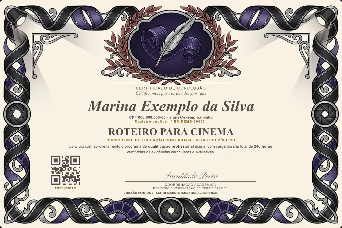 Modelo do certificado do curso de Roteiro para Cinema grátis: registro público, QR de verificação e assinaturas — exemplo com dados fictícios.