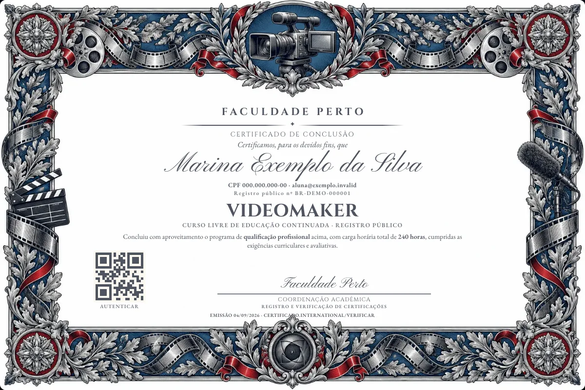 Modelo do certificado do curso de Videomaker grátis: registro público, QR de verificação e assinaturas — exemplo com dados fictícios.