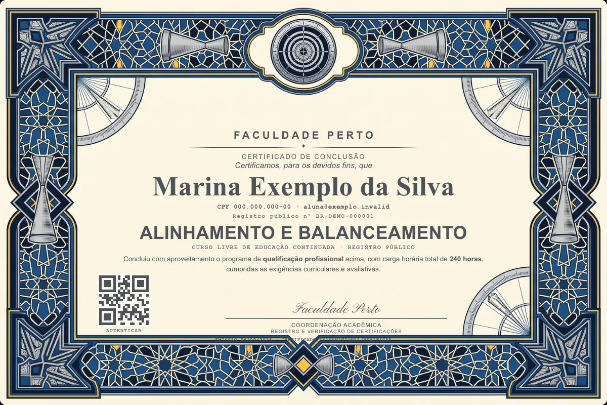 Modelo do certificado do curso de Alinhamento e Balanceamento grátis: registro público, QR de verificação e assinaturas — exemplo com dados fictícios.