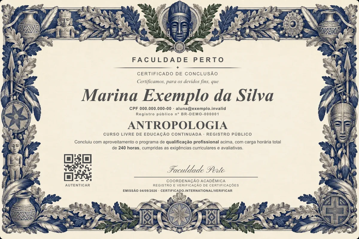 Modelo do certificado do curso de Antropologia grátis: registro público, QR de verificação e assinaturas — exemplo com dados fictícios.
