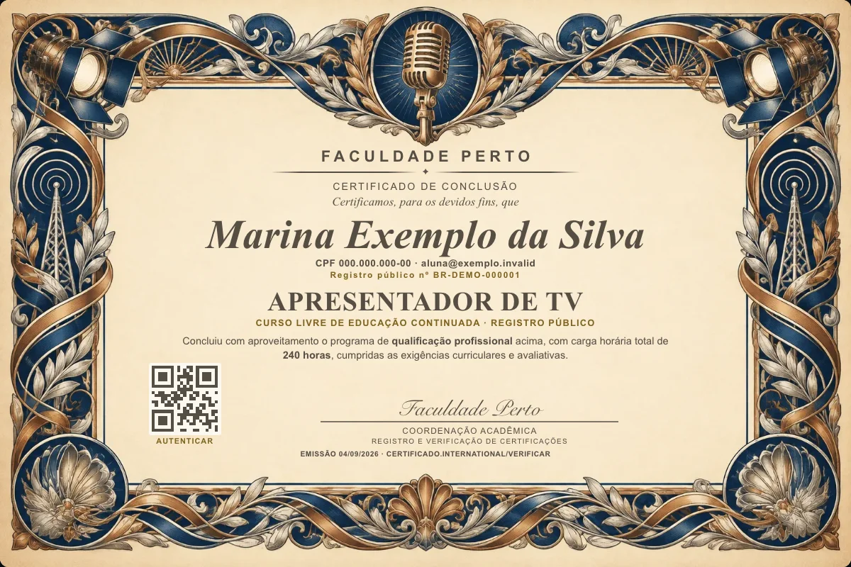 Modelo do certificado do curso de Apresentador de Tv grátis: registro público, QR de verificação e assinaturas — exemplo com dados fictícios.