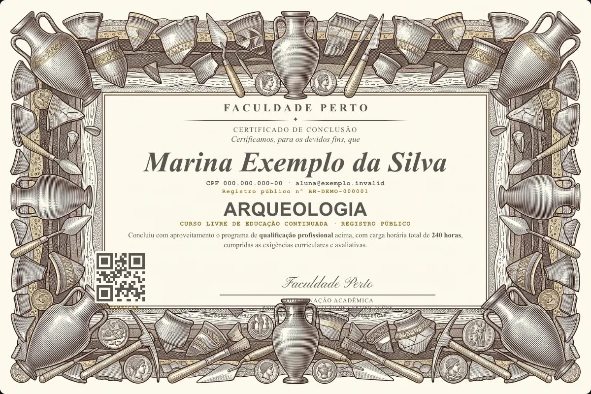 Modelo do certificado do curso de Arqueologia grátis: registro público, QR de verificação e assinaturas — exemplo com dados fictícios.