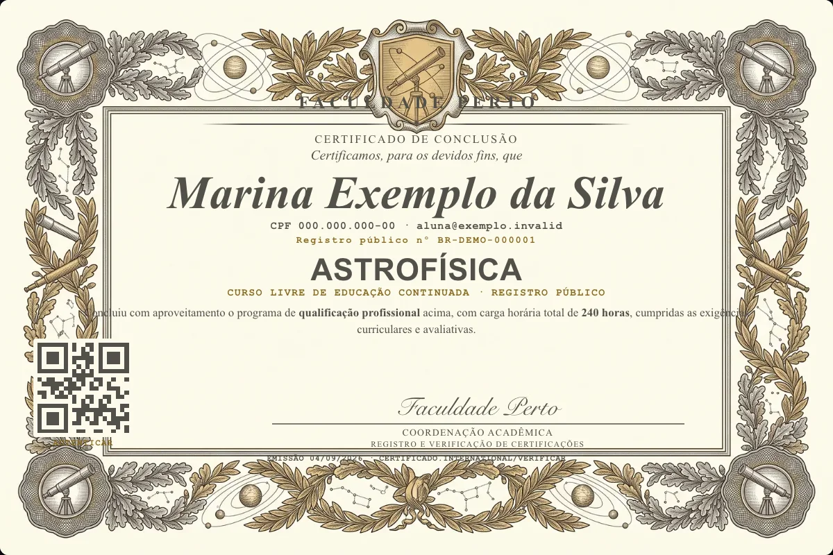 Modelo do certificado do curso de Astrofísica grátis: registro público, QR de verificação e assinaturas — exemplo com dados fictícios.