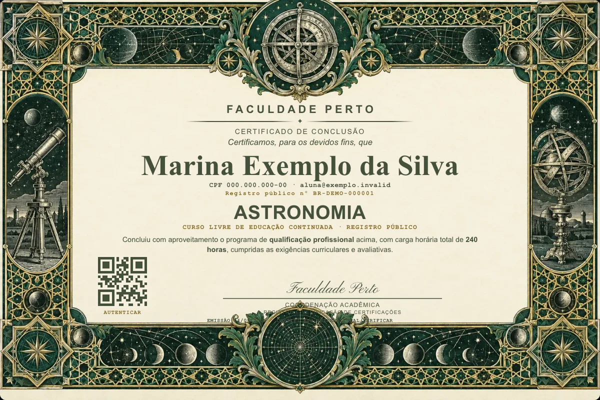 Modelo do certificado do curso de Astronomia grátis: registro público, QR de verificação e assinaturas — exemplo com dados fictícios.