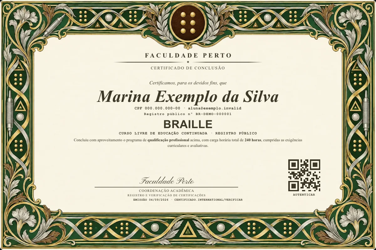 Modelo do certificado do curso de Braille grátis: registro público, QR de verificação e assinaturas — exemplo com dados fictícios.