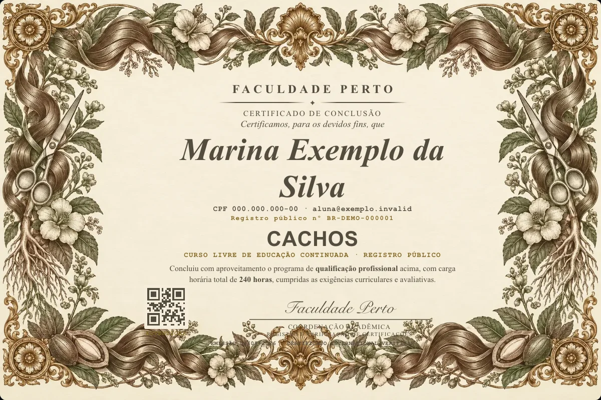 Modelo do certificado do curso de Cachos grátis: registro público, QR de verificação e assinaturas — exemplo com dados fictícios.