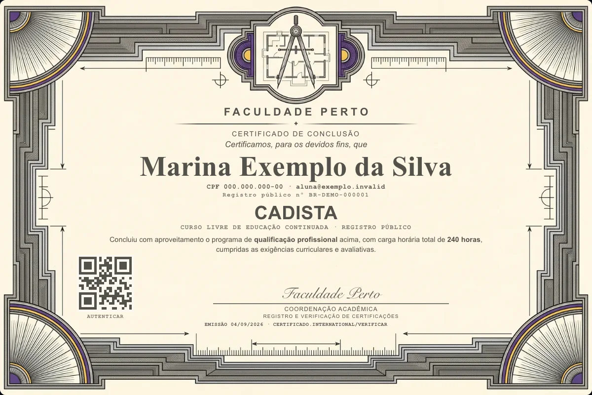 Modelo do certificado do curso de Cadista grátis: registro público, QR de verificação e assinaturas — exemplo com dados fictícios.