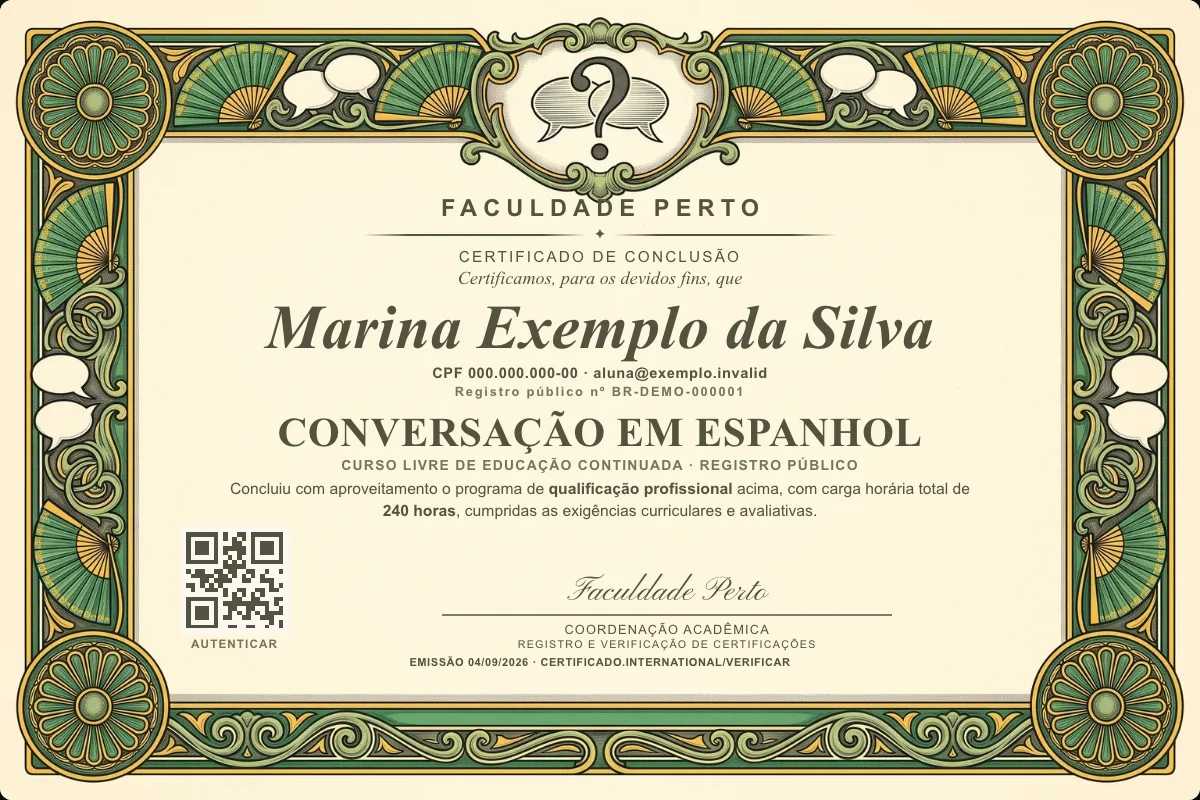 Modelo do certificado do curso de Conversação em Espanhol grátis: registro público, QR de verificação e assinaturas — exemplo com dados fictícios.