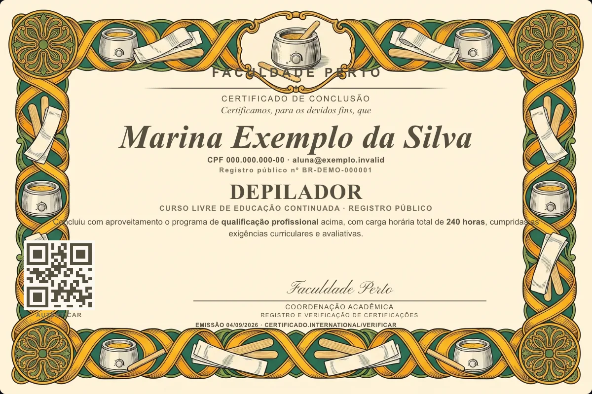 Modelo do certificado do curso de Depilador grátis: registro público, QR de verificação e assinaturas — exemplo com dados fictícios.