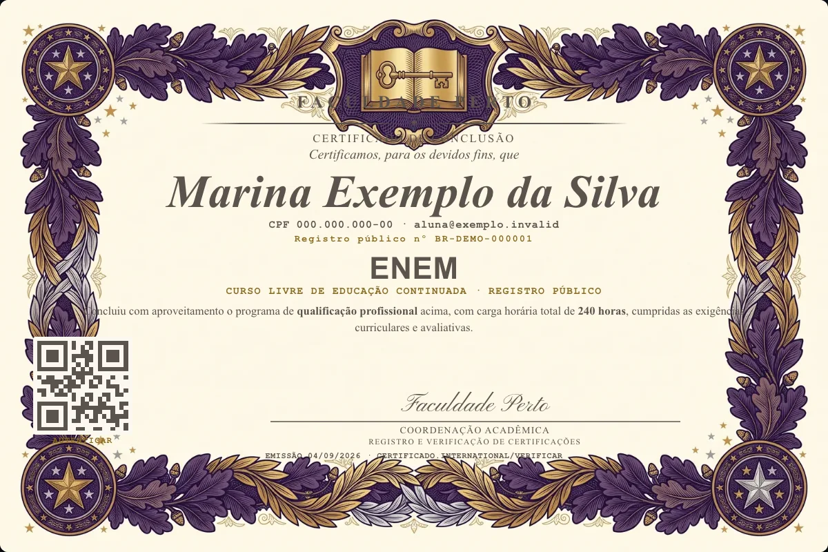Modelo do certificado do curso de Enem grátis: registro público, QR de verificação e assinaturas — exemplo com dados fictícios.