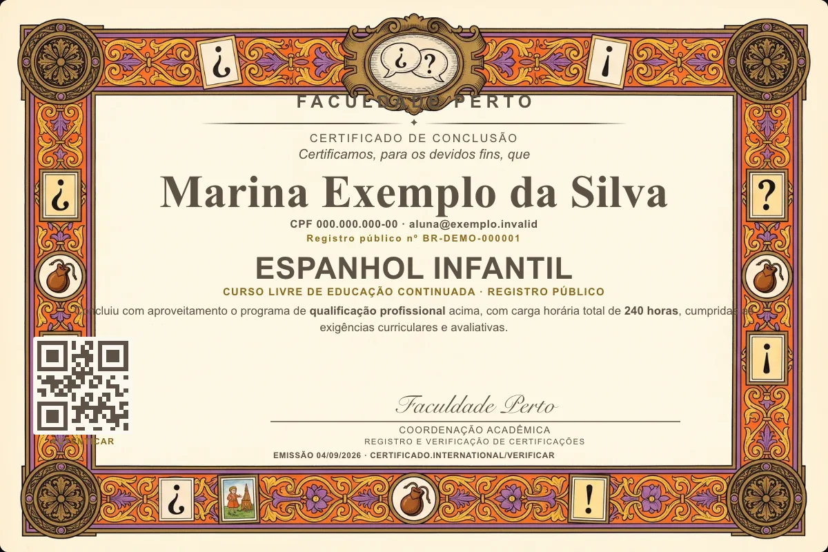 Modelo do certificado do curso de Espanhol Infantil grátis: registro público, QR de verificação e assinaturas — exemplo com dados fictícios.