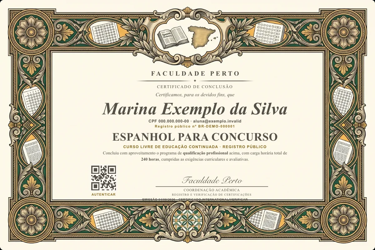 Modelo do certificado do curso de Espanhol para Concurso grátis: registro público, QR de verificação e assinaturas — exemplo com dados fictícios.