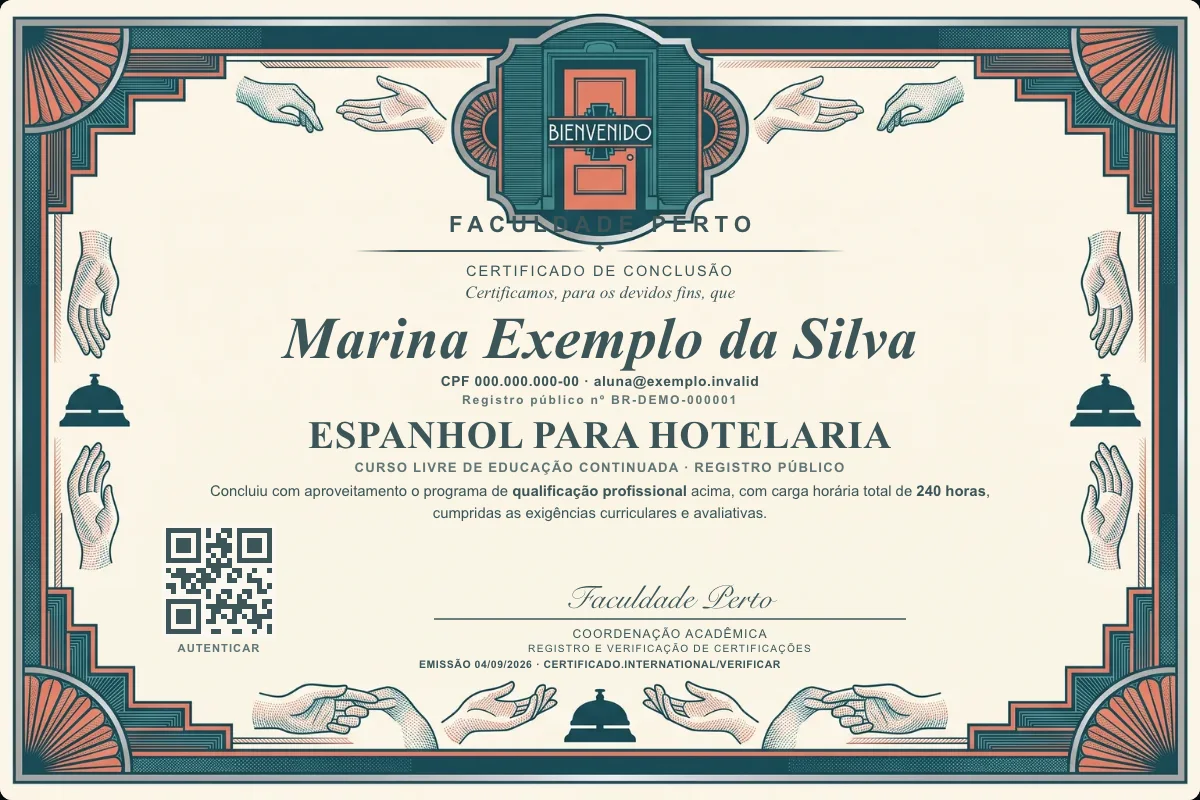 Modelo do certificado do curso de Espanhol para Hotelaria grátis: registro público, QR de verificação e assinaturas — exemplo com dados fictícios.